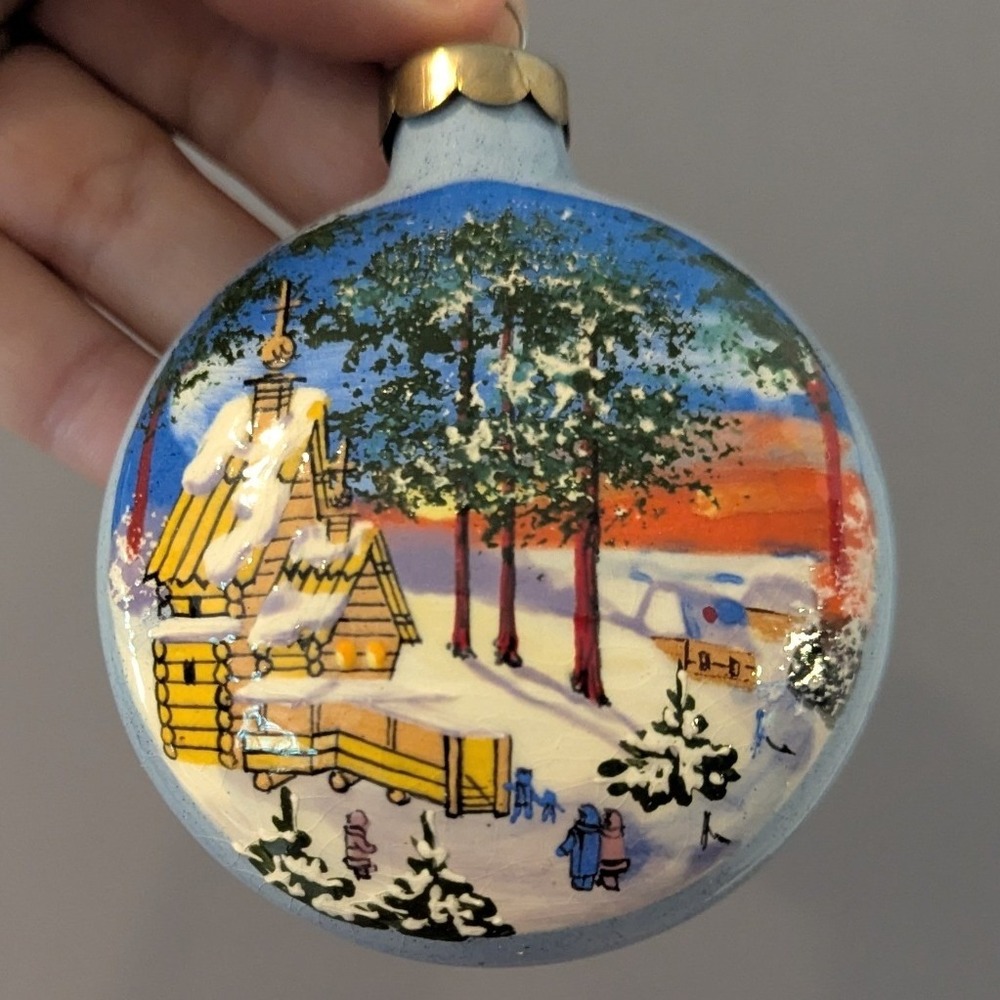 VTG Hand Painted Ceramic Winter Scene Disc Ornament Signed UK Cabin Snow Nature